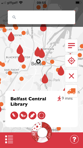 Screenshot of app map showing Belfast in Northern Ireland and Belfast Central Library details tile