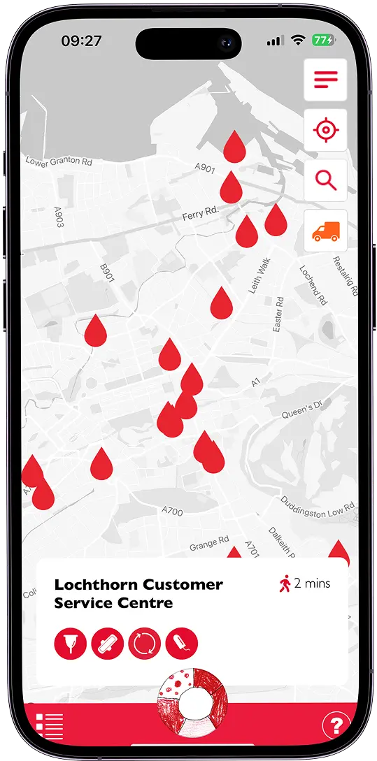 Image shows a screen grab of the PickUpMyPeriod app on a smart phone. It shows a portion of the map with a number of red period droplets indicating period product pick up points. A tile showing Lochthorn Customer Service Centre is 2 minutes walk away and shows icons for period cups, pads, tampons and reusable products.